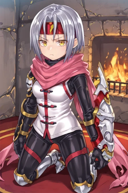 score_9, score_8_up, score_7_up, score_6_up, source_anime, BREAK, <lora:Zilva:0.65> , zildef, 1girl, short hair, grey hair, yellow eyes, red headband, mask, scarf, pink scarf, white sweater vest, white shirt, bodysuit, black bodysuit, bodysuit under clothes, (single gauntlet), black gloves, sheathed, armored boots, (kneeling), looking at viewer, serious expression, closed mouth, full body, <lora:detailed_backgrounds_v2:0.6> , masterpiece, best quality, very aesthetic, absurdres, indoors, cave, interior, dark, fireplace, stalactites, <lora:2024_PandoraBox_V1:0.5> , P4ndora_PS,