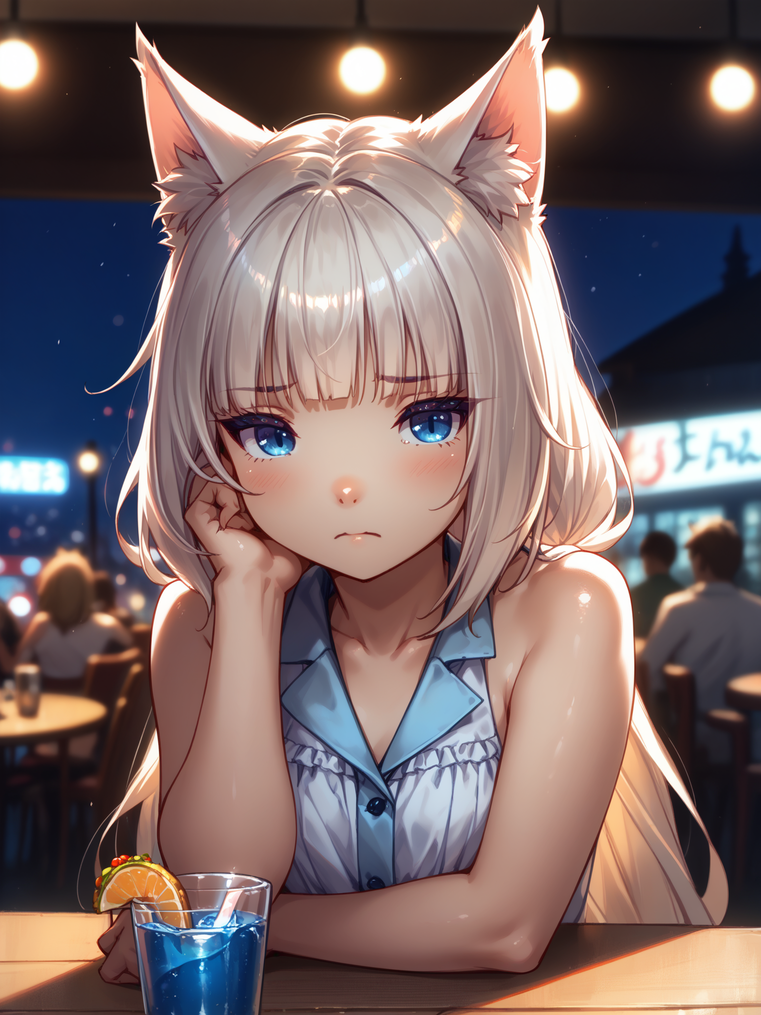 (upper body, solo focus:1.2) <lora:happy_tentacle-vanilla-v0.1-000010:0.9>, ht_vanilla, (cat ears, cat girl, very long hair, blue eyes:0.8) (petite:1.2), <lora:Shed_The_Skin's StS_age_slider_v1_initial_release:-1> ( :1.1) ( ( head tilt :0.8) , , (sad :1.2) , seductive smile (dimple:0.35) , :1.1) outdoors, vegetation, (overgrown :1.1), , (night, night sky :0.6), , ((sidelighting:0.5), (light rays, light particles:0.5) :0.5), (people, crowded, surrounded:1) , ( :0.9), cafeteria , (chair, table:0.5), (sandwich , cocktail :0.8) ( :0.8) score_9, score_8_up, score_7_up, score_6_up, score_5_up, score_4_up, ( [(realistic, photorealistic:1.3):(realistic:1.2):16] [(3d:1.2)::14] :1) <lora:LUUNA's Lunas-NijiJourney-SDXL-B2:0.35>, nijijourney <lora:prgfrg23's Counterfeit-V3.0 Style SDXL_LoRA_Pony Diffusion V6 XL:0.6> <lora:mfcg's mfcgXL:0.12> <lora:reweik's gyokai(himehajime)_PonyXL_style_v01:0.14>