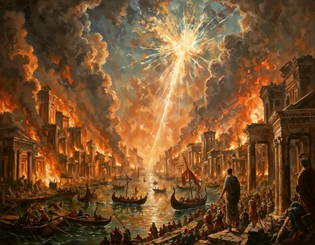 A gorgeous dramatic oil painting, wide angle view of the ancient roman city on fire, smoke, rubble, panic, on the left side is a dock with ancient roman boats fleeing the chaos, in the sky there is a glass like crack as if sky has broken like glass and a bright light shining through it onto the city, detailed, statues of roman kings collapsing,