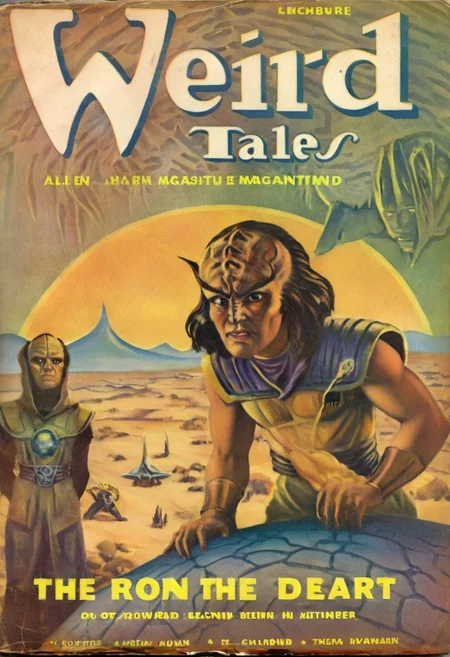 Weird Tales pulp magazine cover,
male kling0n alien, forehead ridges, brown skin, nose ridges, large eyebrows, standing on a desert planet with a retro futuristic city far in the background