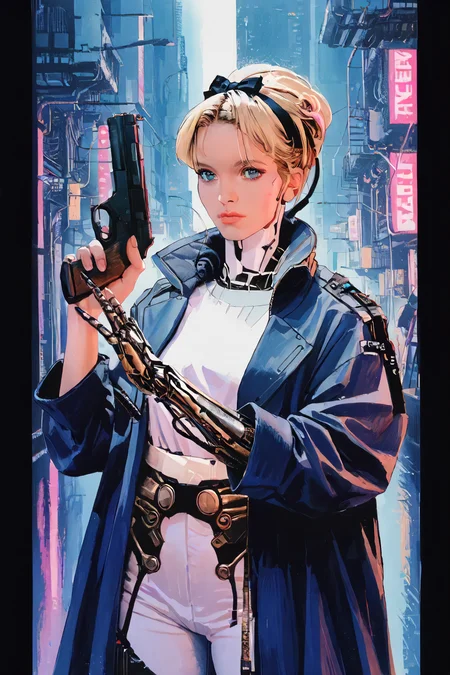 zPDXL3, <lora:80s_Vintage_Porn_Magazine_Style_V2:0.7>, 80spm, vintage porn, 80s era, 1980s photo, 1girl, <lora:CyberWare:0.8>, cyb3rwar3, cybernetic arms, <lora:AliceInWonderlandXLPony_character:0.8>, alicewaifu, blue eyes, blue leather trench coat, white pants, white shirt, black hairband, bow, blonde, holding a futuristic handgun, in a cyberpunk city at night, punk, neon