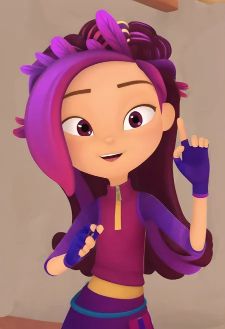 Winks and points her finger at the viewer. No background. Clothed. Colored.