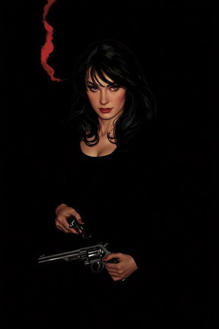 adhughes1 illustration in a comic book style.
a mysterious woman with dark, wavy hair and piercing eyes stands in the shadows of a dimly lit room. She is holding a small revolver with a delicate yet firm grip. Her red lipstick is the only color that stands out in the darkness, her intentions unclear but dangerous. <lora:adhughes1_cap_d8a4e12:1.0><lora:832443088350882485:0>