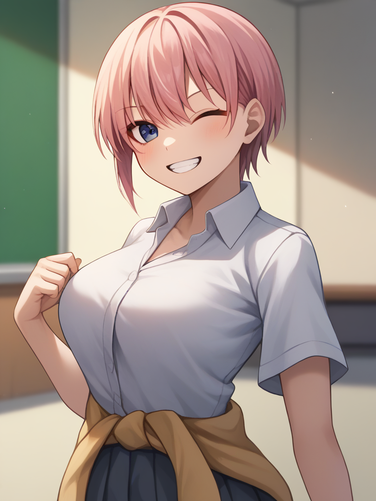 score_9,score_8_up,score_7_up,<lora:go-toubun_no_hanayome_5girl:1>,cardigan_around_waist, nakano_ichika, school_uniform, looking_at_viewer, open_mouth, teeth, commentary_request, one_eye_closed, highres, 1girl, white_shirt, absurdres, grin, ;d, solo, large_breasts