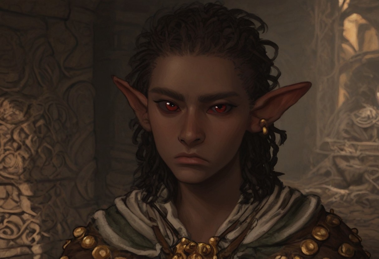 solo, short pointy ears, piercings, random elf face, aquiline features, male dark elf, masculine, medium dark skin, weathered skin, large nose, athletic build,  animated realism, zoomed out, Syrian features, torso, brass pipes and gears, intricate architecture, dwarven masonry, dwemer fixtures, white-green light, gloomy lighting, ancient ruins, interior, stone tiled floor, grey-blue skin, mahogany and ivory clothes, medium armor, bone plate armor, ivory straps and fittings, grey wood neckguard, dark red sclera, black pupils, distant mushroom forest, blue-green light, neon, highly detailed, defined features, looking at viewer, three quarters view, from front, dynamic lighting, 36 years old, light and shadows, patterned cloth, annoyed expression, expressive eyes, detailed medieval clothes, cropped hair, wavy hair, thick hair, beaded hair, braided hair, under cut hair, semirealistic, alien elf, spanish features, jewish features, black hair, dark red hair, umber skin, sharp features, pastel green berber print cloak, nighttime, high detail, absurdres, pretty eyes, detailed eyes, red eyes,