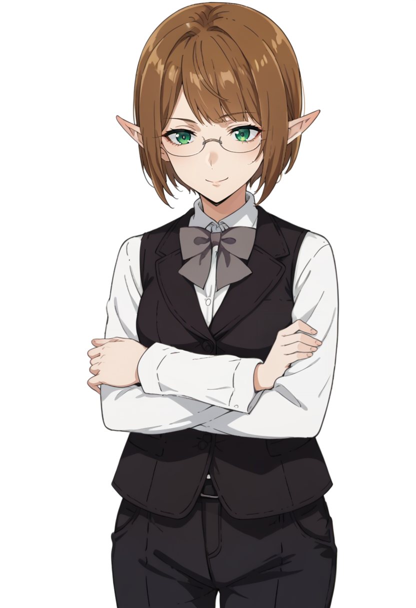 score_9, score_8_up, score_7_up, source_anime, 1girl, solo, Ein3Tu113, green eyes, brown hair, short hair, pointy ears, glasses, GuildOutfit, black vest, white shirt, collared shirt, grey bowtie, long sleeves, belt, black pants, crossed arms, <lora:Eina Tulle - Danmachi V3 KKS Ver-000010:1>, white background, standing, smile