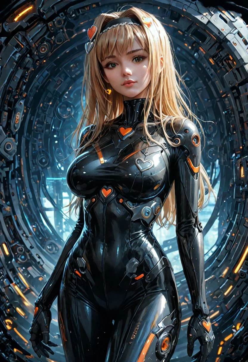 Score_9, score_8_up, score_7_up, score_6_up BREAK UtaMisa, 1girl, blonde hair, heart hair ornament, hairband, large breasts, bodysuit, looking at viewer, mechanical background, futuristic, sci-fi, shiny, glossy, highly detailed, beautiful art, beautiful background, beautiful lighting
