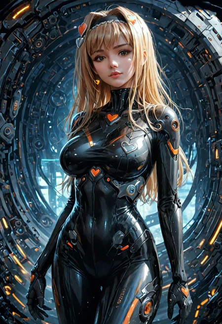 Score_9, score_8_up, score_7_up, score_6_up BREAK UtaMisa, 1girl, blonde hair, heart hair ornament, hairband, large breasts, bodysuit, looking at viewer, mechanical background, futuristic, sci-fi, shiny, glossy, highly detailed, beautiful art, beautiful background, beautiful lighting
