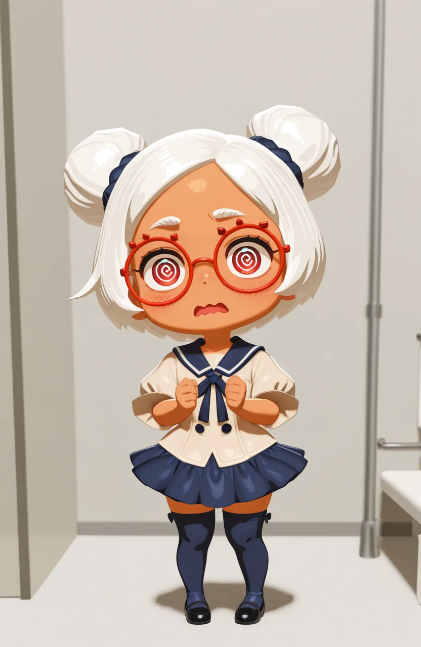<lora:anatomy_helper:0.8> 1girl, solo, fitting room, full body, surprised, wavy mouth, open mouth, @_@,,Cradling face with both hands, 3d,
<lora:LilPurah-IL:0.8> prhmini, red eyes, red-framed eyewear, red-framed eyewear, dark-skinned female, white hair, double bun, chibi, cruise staff outfit, sailor collar, blouse, skirt, thighhighs, shoes, ribbon, extremely detailed, highres, masterpiece, best quality