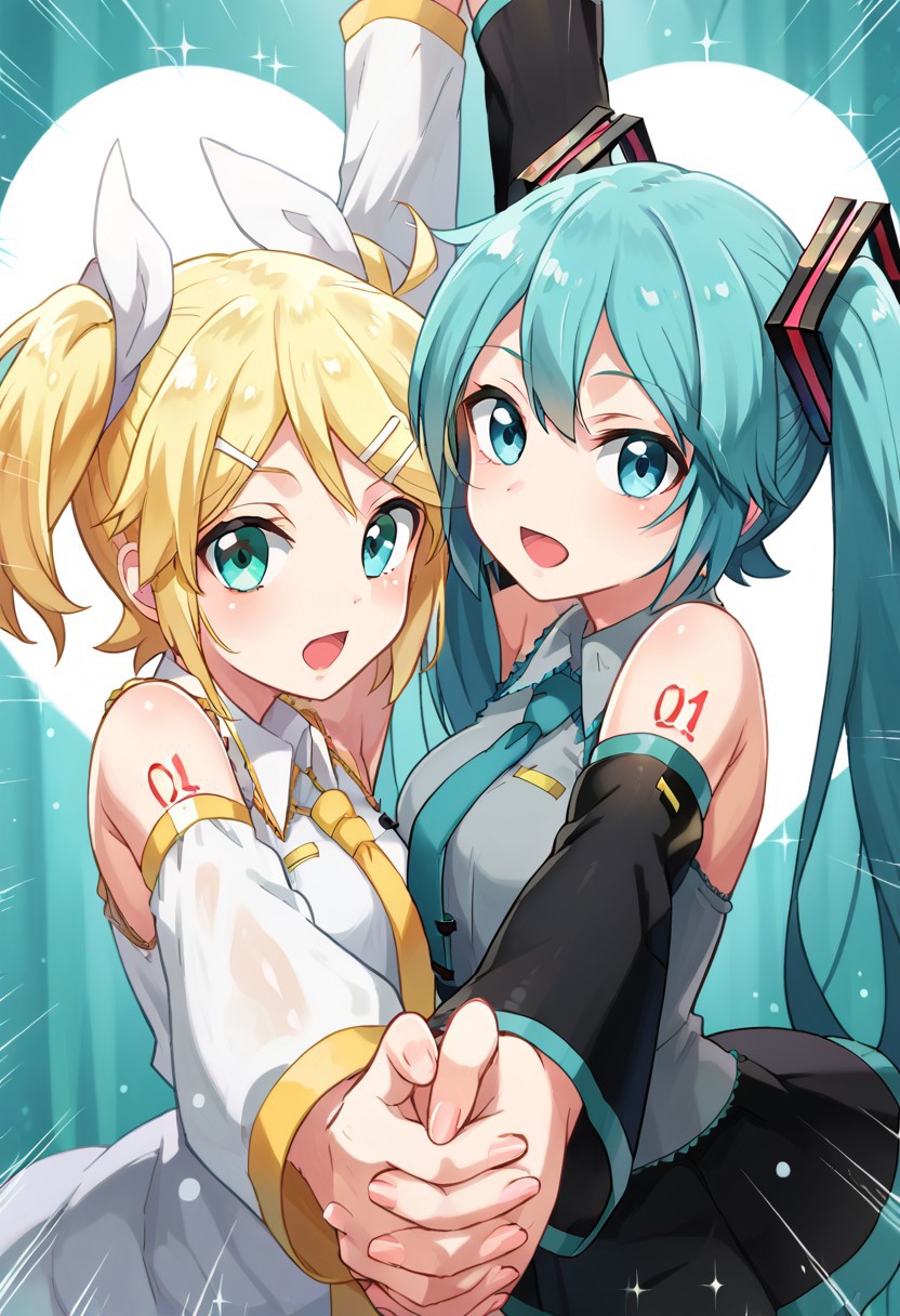 score_8, score_8_up, score_7_up, official art, 2girls, yuri, Hatsune Miku, twintails, aqua hair, kagamine rin, short hair, blonde hair, SLLT, holding hands, interlocked fingers, arm up, looking at viewer, heart (symbol), emphasis lines, upper body