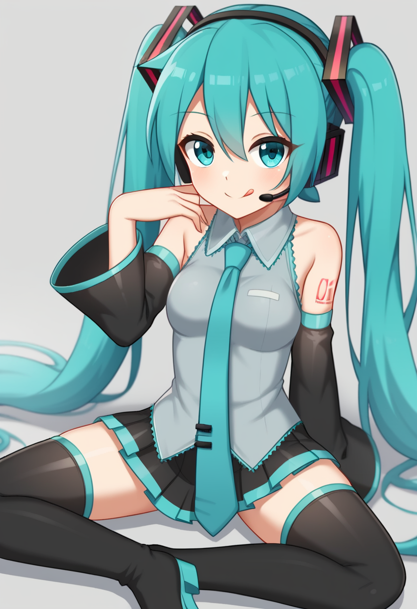 <lora:butterfly_sitting:1>,1girl,aqua_eyes,aqua_hair,bare_shoulders,black_thighhighs,butterfly_sitting,commentary,detached_sleeves,grey_background,hair_between_eyes,hatsune_miku,headphones,headset,licking_lips,looking_at_viewer,necktie,skirt,sleeveless_shirt,solo,thigh_boots,twintails,very_long_hair,wide_sleeves,