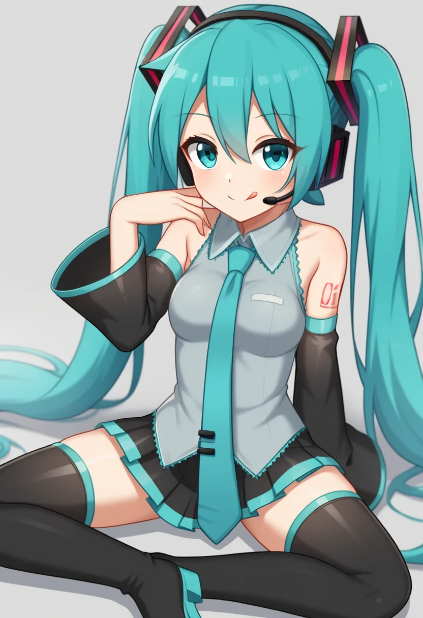 <lora:butterfly_sitting:1>,1girl,aqua_eyes,aqua_hair,bare_shoulders,black_thighhighs,butterfly_sitting,commentary,detached_sleeves,grey_background,hair_between_eyes,hatsune_miku,headphones,headset,licking_lips,looking_at_viewer,necktie,skirt,sleeveless_shirt,solo,thigh_boots,twintails,very_long_hair,wide_sleeves,