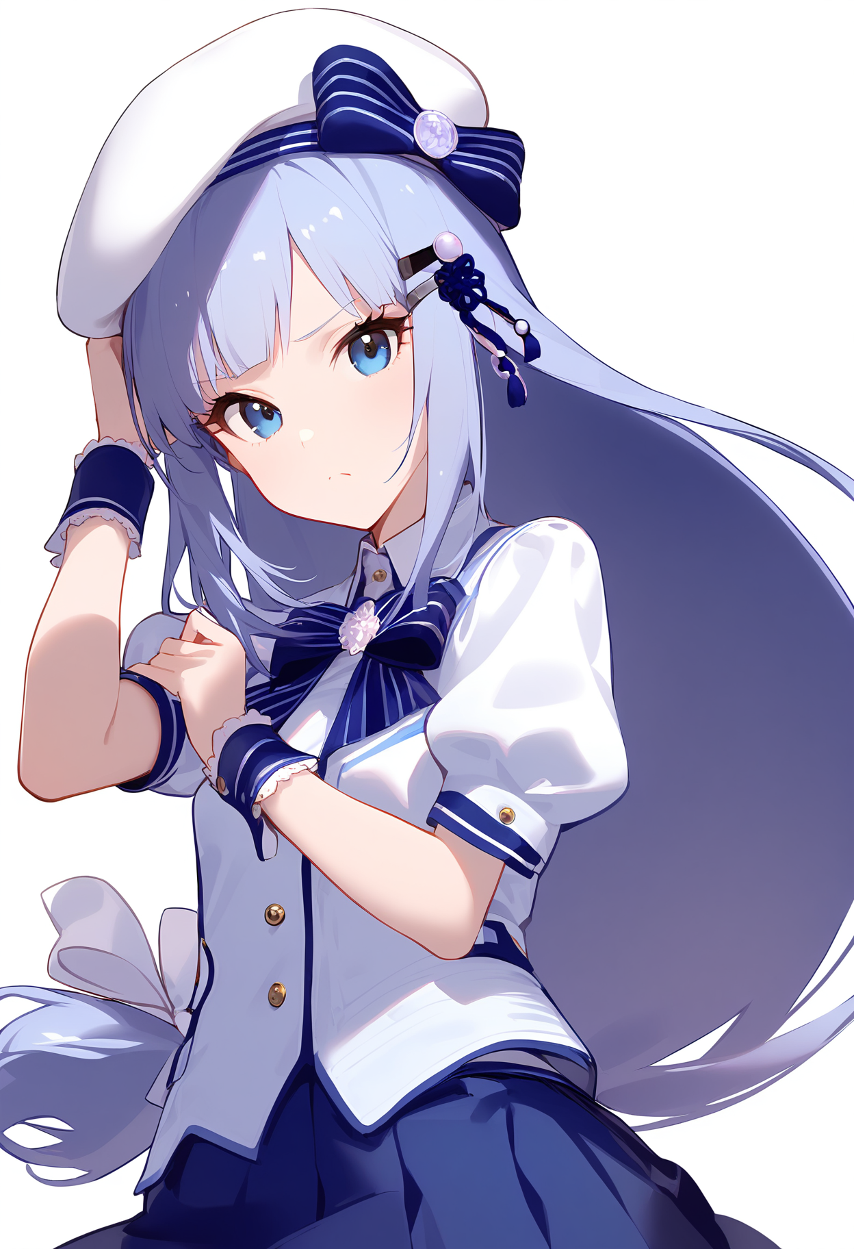1girl,
shiraishi tsumugi,


grey hair, low-tied sidelocks, holding, hat bow, shirt, hairclip, simple background, bowtie, blue skirt, looking at viewer, puffy short sleeves, hand on headwear, white bow, wrist cuffs, light frown, hat, hand up, skirt, short sleeves, pleated skirt, closed mouth, blue bow, long hair, white hat, sidelocks, white bowtie, bow, blue bowtie, blue eyes, beret, solo, white shirt, hair ornament, white background, puffy sleeves,

sfw
<lora:a31_char_new_shiraishi_tsumugi-000020:1> <lora:a31_style_koni-000010:0.8>