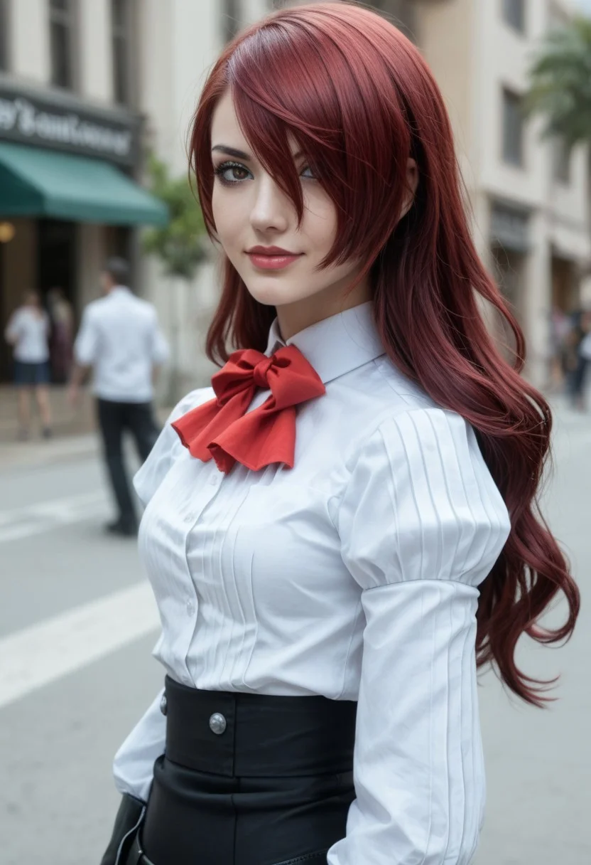 score_9, score_8_up, score_7_up, face focus,
p3mitsuru, kirijou mitsuru, long hair, red hair, hair over one eye, p3mitsuru-winuni, gekkoukan high uniform, white shirt, long sleeves, puffy sleeves, bowtie, red bowtie, skirt, black skirt, knee boots, black footwear, beautiful face, extremely attractive face, eyeshadow, perfect body, bombshell, perfect waist-hip ratio, fit body, sexy body, thick lips, puffy lips, kissable lips, sultry expression, one hand on hip, one hip jutting out, highly detailed skin,
summer beach background, depth of field, dynamic angle, photo realistic:1.4, realistic skin:1.4, fashion photography, sharp, analog film grain, view from front, full body shot, wide angle, skinny, slim, makeup, mascara, lip gloss, closed mouth, ImgFixerPre0.3, zPDXLrl, (((perfect face:1.3))), perfect eyes, perfect nose, perfect mouth, perfect lips, smirk, standing, view from above),