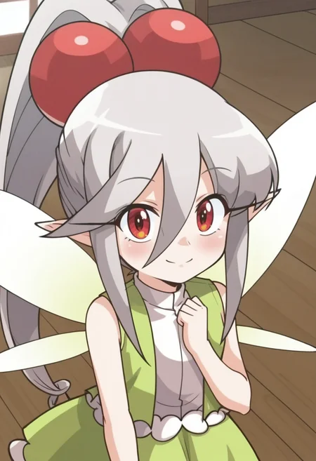 source_anime,anime screencap, anime coloring,intricate details,rating_safe, masterpiece, best quality,
(best quality, absurd res, ultra detailed),,(4 finger:0.5),1girl, ((solo)), good eyes,perfect eyes,,detailed eyes, zPDXLxxx , zPDXL3,detailed, detailed face
BREAK
solo,indoors,standing, front view,
elle, fairy, red eyes, pointy ears, grey hair, long hair, hair between eyes, hair ornament, fairy wings, green dress, sleeveless,
shy, blush, smile,
, <lora:add-detail-xl:2>  <lora:Elle:0.8>