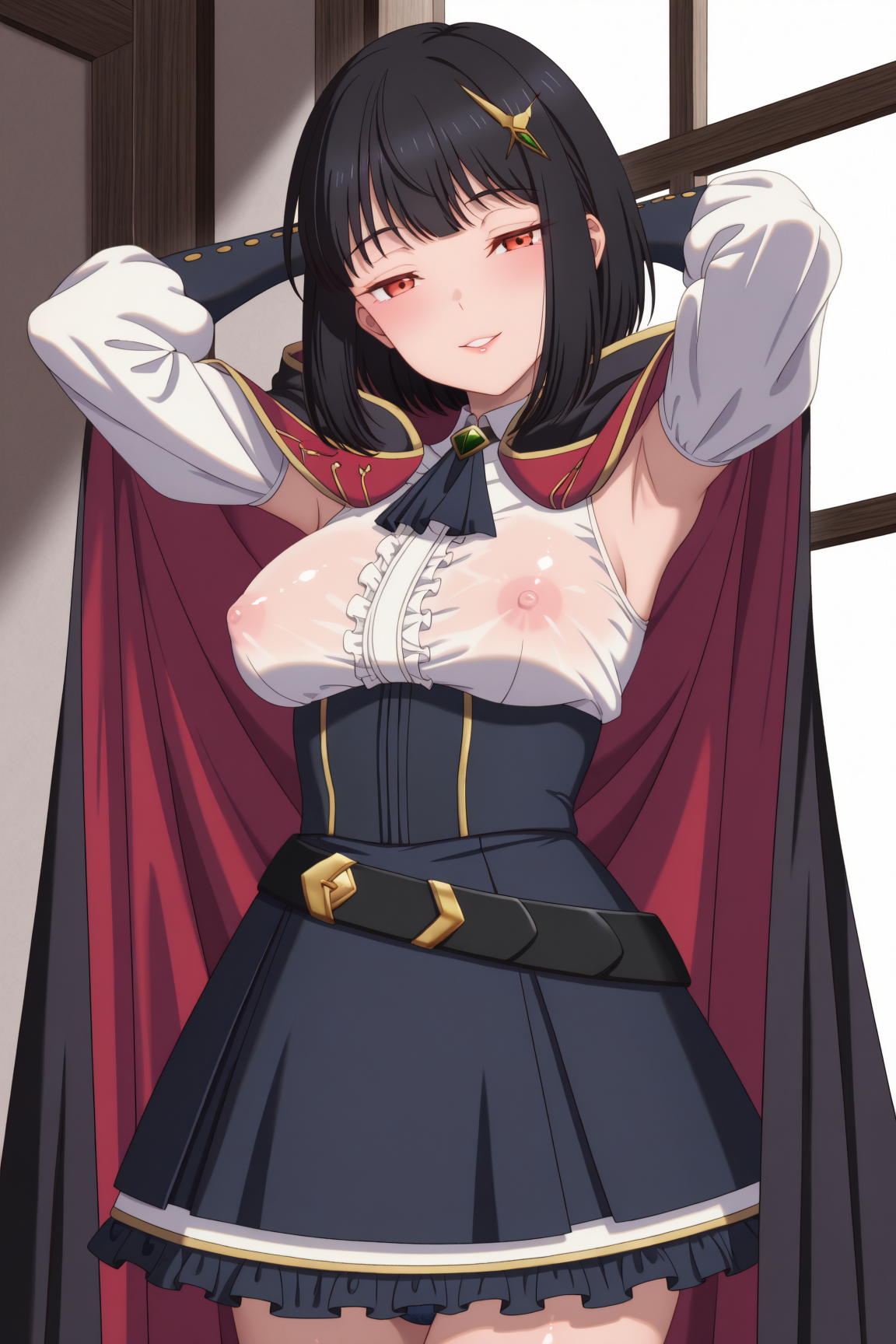 ficelle_harbeller, short_hair, black_hair, red_eyes, blush, covered_nipples, medium_breasts, white_shirt, aascot, center_frills, puffy_sleeves, long_sleeves, black_cloak, hooded_cloak, cloak_down, underbust, blue_skirt, armor, black_thighhighs, armored_boots, 