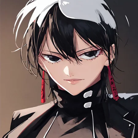 Kagari Hiyuki, female, woman, 1girl, solo, black hair, medium hair, black eyes, red earrings, earrings, long earrings, long red earrings, light skin, fair skin, lashes, eyelashes, black clothing, black trousers, leather jacket, black turtleneck shirt, sleeves, long sleeves, black clothes, white belts, belt, belts, heels, high heels, white heels, white high heels, anime style, full body, long legs, stylish, relaxing, 2D, relaxed, hips, curves, masterpiece, beautiful, good quality, flawless, japanese house background, japanese house, perfect, perfect anatomy, good anatomy, perfection, gorgeous, high quality, detailed, detailed eyes, detailed face, BREAK, score_9, score_8_up, score_7_up, score_6_up