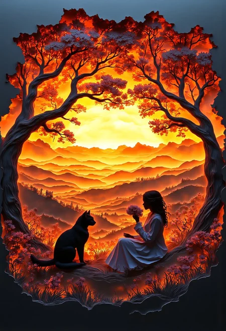 Sunset on a hill with a beautiful view of the distant valley. A little girl, seen from the back, sits next to a black cat. They both look towards the sunset calmly. They sit under a large old German oak tree, its branches dripping with glittering fairy dust and is glowing,wild flowers, wide angled view, sunset mood, friendsip, a masterpiece, award winning, Special Ink-drawing mode, animeniji, Mh1$AgThS2, 2D flat anime, cartoon-style, intricate linework with expressive contrasts, soft lighting with dynamic highlights, WLOP
beautiful, detailed, textural, artistic, vivid, vibrant, aesthetic, intricate details, highly detailed, ultra-detailed, absurdres,
aidmaMJ6.1, Papercut
