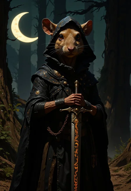 Matthias: An image of a mouse wearing a hooded cloak made of dark, tree bark-like fabric, holding a sword adorned with occult symbols that glow faintly. His fur mixes browns and blacks, blending into forest shadows, under a crescent moon.
, live action, in the style of an old 80's VHS dark fantasy, VHS screen grab, grainy, old footage, in the style of an old 80's VHS dark fantasy, VHS screen grab, grainy, old footage