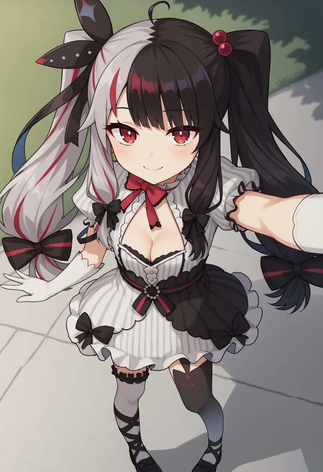 score_9, score_8_up, score_7_up, source_anime, lp1, red eyes, black hair, grey hair, red hair, multicolored hair, split-color hair, two-tone hair, streaked hair, ahoge, twintails, long hair, very long hair, ribbon, hair ribbon, bow, black bow, hair bow, hair bobbles, hair ornament, dress, white dress, striped clothes, vertical-striped clothes, frills, puffy sleeves, short sleeves, puffy short sleeves, red bow, cleavage, gloves, white gloves, elbow gloves, thighhighs, white thighhighs, black thighhighs, asymmetrical legwear, mismatched legwear, animal ear legwear, black footwear, shoes, young, smile, selfie, from above, close-up, outdoors<lora:YorumiRenaXLv2-18:1>