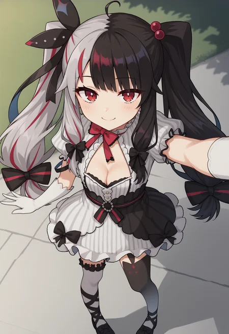score_9, score_8_up, score_7_up, source_anime, lp1, red eyes, black hair, grey hair, red hair, multicolored hair, split-color hair, two-tone hair, streaked hair, ahoge, twintails, long hair, very long hair, ribbon, hair ribbon, bow, black bow, hair bow, hair bobbles, hair ornament, dress, white dress, striped clothes, vertical-striped clothes, frills, puffy sleeves, short sleeves, puffy short sleeves, red bow, cleavage, gloves, white gloves, elbow gloves, thighhighs, white thighhighs, black thighhighs, asymmetrical legwear, mismatched legwear, animal ear legwear, black footwear, shoes, young, smile, selfie, from above, close-up, outdoors<lora:YorumiRenaXLv2-18:1>