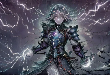 (Masterpiece:1.3), (best quality:1.2), (detailed background:1.1), (intricate details:1.1), (detailed background:1.2), 1girl, solo focus, standing, perfect anatomy,
bleakfaith,
source_anime, night sky, dark cloud background, sky background, lightning on background, only purple lightning, purple lightning, dark purple theme,
BREAK
watercolor, chinese,traditional,
BREAK
(purple hair:1.2),(pale skin:1.3), (purple skin:1.5),1girl,solo, mysterious, vivid color, shiny, (short purple hair), bob cut hair, purple eyes,glowing purple pupils,
laugh arrogantly,
BREAK
armor(dark suit,armor, animal chest plate), lightning, dark purple lightning on armor, chinese style,
spraks in hand,
BREAK
looking at the viewer, front view, full view,
best quality, ultra-detailed, absurdres, detail face, best quality, hires textures, high detail, (4k),incredibly detailed
NegativeDynamics,