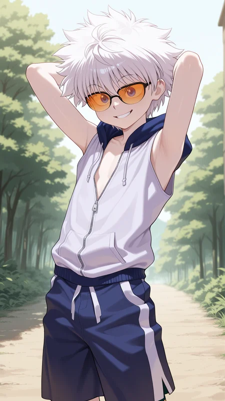 masterpiece, best quality, amazing quality, 1boy, solo, <lora:IlluKillua:1> illukillua, white hair, shorts, hoodie, sleeveless, no shirt, orange tinted eyewear, grin, partially unzipped, arms behind head, outdoors, partially opaque glasses,