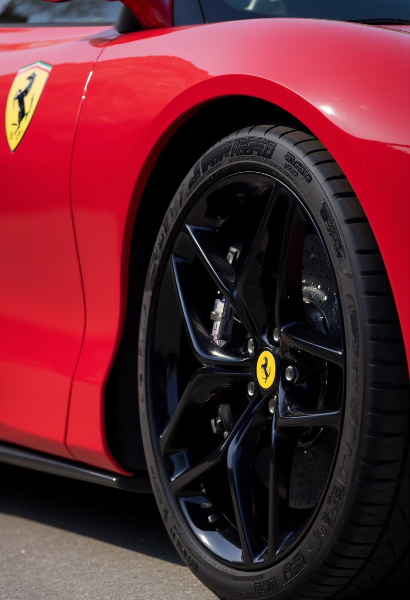 professional RAW close-up of the rims of a aidmaFerrariSF90, zany and innovative, vibrant colors, Fujicolor Superia X-TRA 400, 50mm, Kodak Ektar, RAW photo, photograph, bold colors, detailmaximizer, aidmaHyperrealism,