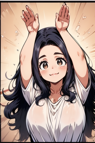 (perfect hands, nice hands), <lora:sd15_lora_beta:0.2>, <lora:ETO_OC:0.2> ETO-OC, <lora:ETO_OCC006:0.6>, ETO_OCC, (curly hair:1.3), (long hair:1.1), (black hair:1.5), thick eyebrows, (plump), 1girl, (hazel eyes:1.5), smiling, looking at viewer, mature female, (parted bangs:1.8), (round-face:1.8), (round-chin:1.7), upper body, dress, <lora:taremeEyes_v10:0.5>, BREAK <lora:rabbit_pose-09:0.9> (((rabbit pose, arms up,)))