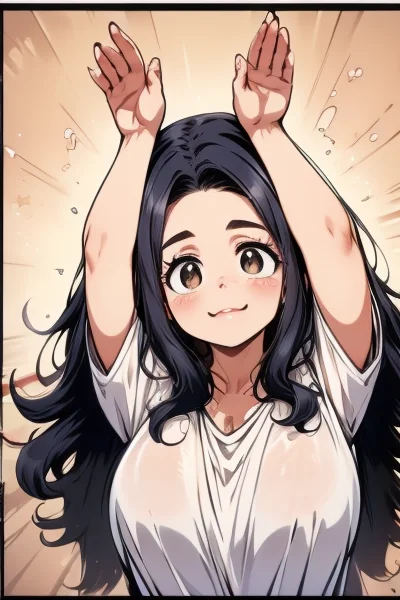 (perfect hands, nice hands), <lora:sd15_lora_beta:0.2>, <lora:ETO_OC:0.2> ETO-OC, <lora:ETO_OCC006:0.6>, ETO_OCC, (curly hair:1.3), (long hair:1.1), (black hair:1.5), thick eyebrows, (plump), 1girl, (hazel eyes:1.5), smiling, looking at viewer, mature female, (parted bangs:1.8), (round-face:1.8), (round-chin:1.7), upper body, dress, <lora:taremeEyes_v10:0.5>, BREAK <lora:rabbit_pose-09:0.9> (((rabbit pose, arms up,)))