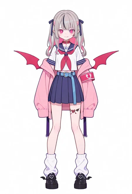 Flatline, Flat vector illustration, looking at viewer, full_body,
niji-ririmu,flat chest,red eyes,long eyelashes,grey hair,streaked hair,multicolored hair,pink inner hair,pointy ears,fang,heart tattoo,tattoo around thigh,long hair,two side up,black hair ribbon,saggy hair ribbon,red wings,demon wings,
niji-ririmucos1,serafuku,white shirt,short sleeves shirt,red neckerchief,midriff,blue belt,loose belt,blue skirt,miniskirt,pleats skirt,white socks,loose socks,red choker,red collar,pink jacket,off shoulder jacket,armband,long sleeves,sleeves past wrists,sleeves past fingers,
slim, slender, fair skin, clear skin, beauty skin, smooth skin, shiny skin, beautiful legs, long legs,
from front, front view, straight-on, look at viewer, standing, (legs apart:1.4),
white background,