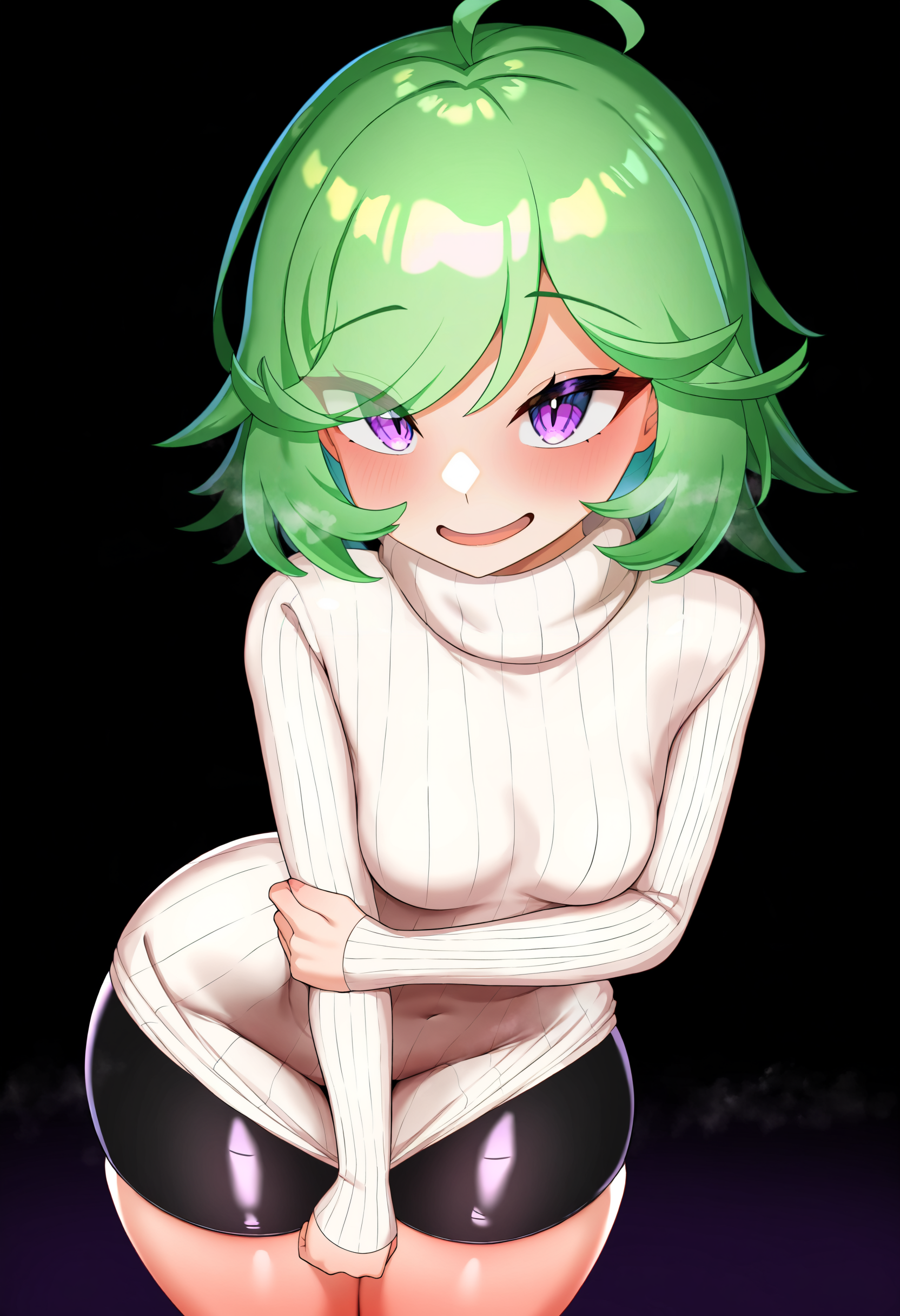masterpiece, best quality, 1girl,
solo, small breasts, wide hips, thick thighs, shorts, curvy, shiny clothes, turtleneck sweater, green hair, cowboy shot, turtleneck, blush, purple eyes, medium hair, ribbed sweater, smile, white sweater, closed mouth, thighs, breasts, open mouth, bike shorts, black background, arm under breasts, eyes visible through hair, looking at viewer, standing, hand on own arm, ahoge, long sleeves    <lora:dam labo:1>