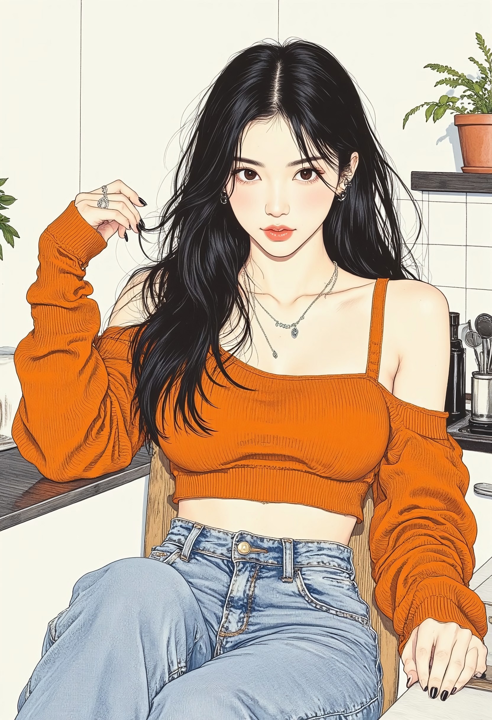pingtu style, illustration-fen, weet yet mature woman with sleek black hair, seated at a kitchen table in a relaxed yet dynamic pose, one arm resting on the table, the other brushing through her hair, legs casually crossed, soft but confident expression. Wearing a fitted, off-shoulder sweater in warm tones, high-waisted jeans, delicate jewelry. Minimalist ink illustration with color, bold, expressive linework, high-contrast black and white base with selective warm color accents, striking composition, natural movement, elegant simplicity