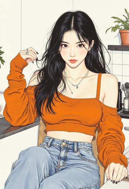 pingtu style, illustration-fen, weet yet mature woman with sleek black hair, seated at a kitchen table in a relaxed yet dynamic pose, one arm resting on the table, the other brushing through her hair, legs casually crossed, soft but confident expression. Wearing a fitted, off-shoulder sweater in warm tones, high-waisted jeans, delicate jewelry. Minimalist ink illustration with color, bold, expressive linework, high-contrast black and white base with selective warm color accents, striking composition, natural movement, elegant simplicity
