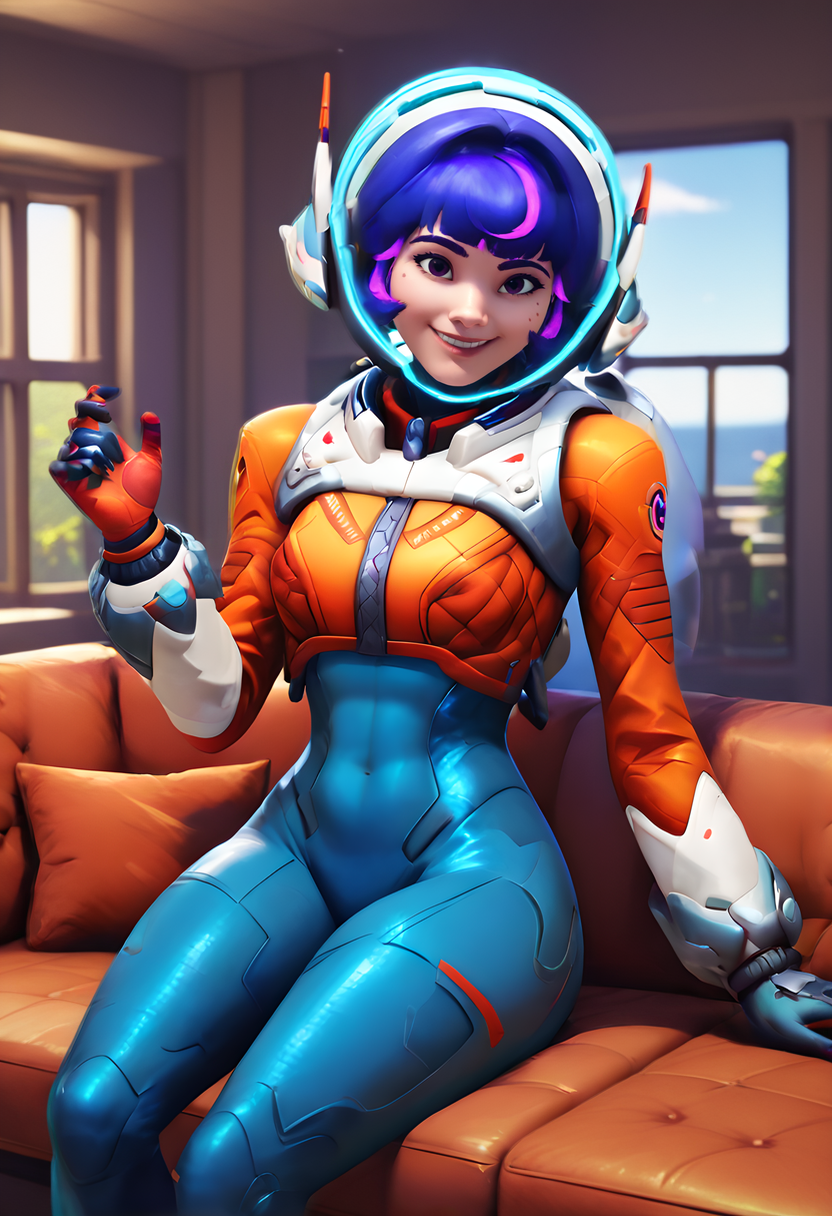 score_9, score_8_up, score_8,
solo, sitting on couch, living room, window,   <lora:Juno_Overwatch_for_PonyXL:0.8> 1girl, jun0, solo, helmet, short hair, purple hair, bodysuit, spacesuit, space helmet, multicolored hair, solo, smile, wave, 
3d. sfm,
