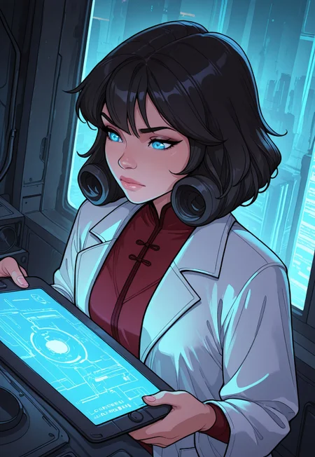score_9, score_8_up, score_7_up, 1girl, solo, futuristic scientist, sleek lab coat with glowing neon accents and high-tech gadgets, advanced holographic tablet with a transparent screen and interactive controls, short curly black hair with cybernetic implants, realistic, cinematic angle, cinematic lighting, slender body, intelligent face, bright blue eyes, focused pose
BREAK
working in a high-tech laboratory
BREAK
source_sci-fi_art, rating_explicit, expressive, full body, dynamic pose
BREAK
detailed beautiful background, futuristic lab with advanced machinery and holographic interfaces, glowing neon lights and transparent screens, robotic assistants and floating drones, distant cityscape visible through large windows, innovative atmosphere with a sense of discovery and progress
<lora:Expressive_H:0.6>Expressiveh, (SimplepositiveXLv1:1.3), (upper body, full clothed:1.85) ((masterpiece)) (ultra realistic, 32k, masterpiece:1.2), (high detailed skin:1.1), (high quality:1.1) (((full clothed))) <lora:DandonFuga_Style_v.2_-_Pony:0.8> 
<lora:add-detail-xl:1> 
<lora:Dynamic Poses:1>