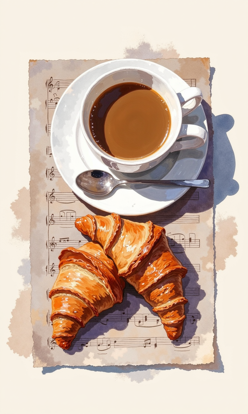 Watercolor painting of a cup of coffee and two croissants on a piece of paper, likely music manuscript paper. 
The coffee cup, white and delicate, is positioned in the upper left portion of the image. Light-brown coffee fills most of the cup. A silver spoon rests on the saucer below the cup. The saucer is also white. The lighting suggests a soft, diffused light source; shadows are subtle and gradients are used to create depth and dimension.
Two croissants are arranged on top of the paper underneath the cup. They are a warm golden brown color, with visible layers and a slightly wavy, flaky texture. The croissants are positioned with one overlapping the other. 
The paper underneath the items has a muted grayish-purple tone, consistent with aged or lightly stained musical manuscript paper. The faint lines and markings of the music notation paper are subtly visible through the washes of color. 
The overall impression is of a simple, everyday breakfast scene, rendered with a soft, delicate watercolor style. The color palette is muted and natural, focusing on warm browns and creams.
<lora:FLUX-daubrez-DB4RZ-v2:1> DB4RZ, DB4RZ style painting