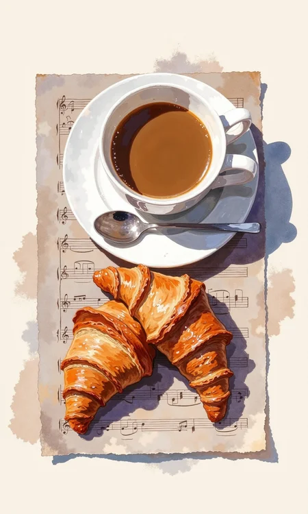 Watercolor painting of a cup of coffee and two croissants on a piece of paper, likely music manuscript paper.
The coffee cup, white and delicate, is positioned in the upper left portion of the image. Light-brown coffee fills most of the cup. A silver spoon rests on the saucer below the cup. The saucer is also white. The lighting suggests a soft, diffused light source; shadows are subtle and gradients are used to create depth and dimension.
Two croissants are arranged on top of the paper underneath the cup. They are a warm golden brown color, with visible layers and a slightly wavy, flaky texture. The croissants are positioned with one overlapping the other.
The paper underneath the items has a muted grayish-purple tone, consistent with aged or lightly stained musical manuscript paper. The faint lines and markings of the music notation paper are subtly visible through the washes of color.
The overall impression is of a simple, everyday breakfast scene, rendered with a soft, delicate watercolor style. The color palette is muted and natural, focusing on warm browns and creams.
<lora:FLUX-daubrez-DB4RZ-v2:1> DB4RZ, DB4RZ style painting