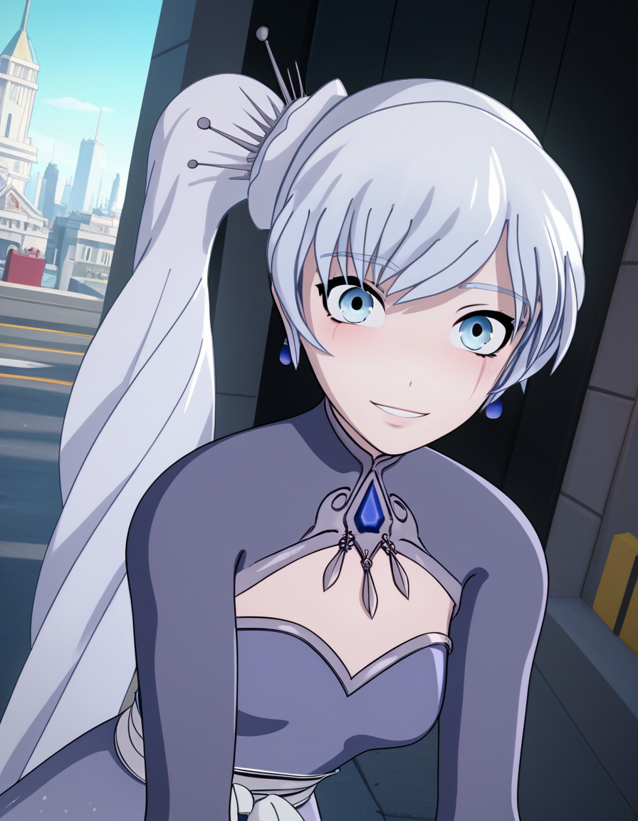score_9, score_8_up, score_7_up, source_anime, <lora:weiss-schnee-ponyxl-lora-nochekaiser:1>, weiss schnee, long hair, blue eyes, hair ornament, ponytail, white hair, side ponytail, scar, tiara, scar on face, scar across eye,, dress, jewelry, earrings, blue dress,, cityscape, street, bent over, smile, looking at viewer, solo, cowboy shot, dutch angle