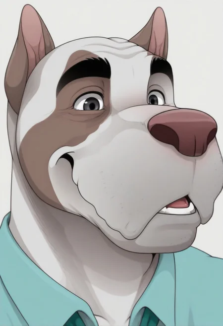 masterpiece, best quality, amazing quality, solo, 1boy,
Emery_Waldren, anthro pitbull, furry, muscular, collared shirt, mature male, muscular male, animal ears, muscle gut, white background, face focus,