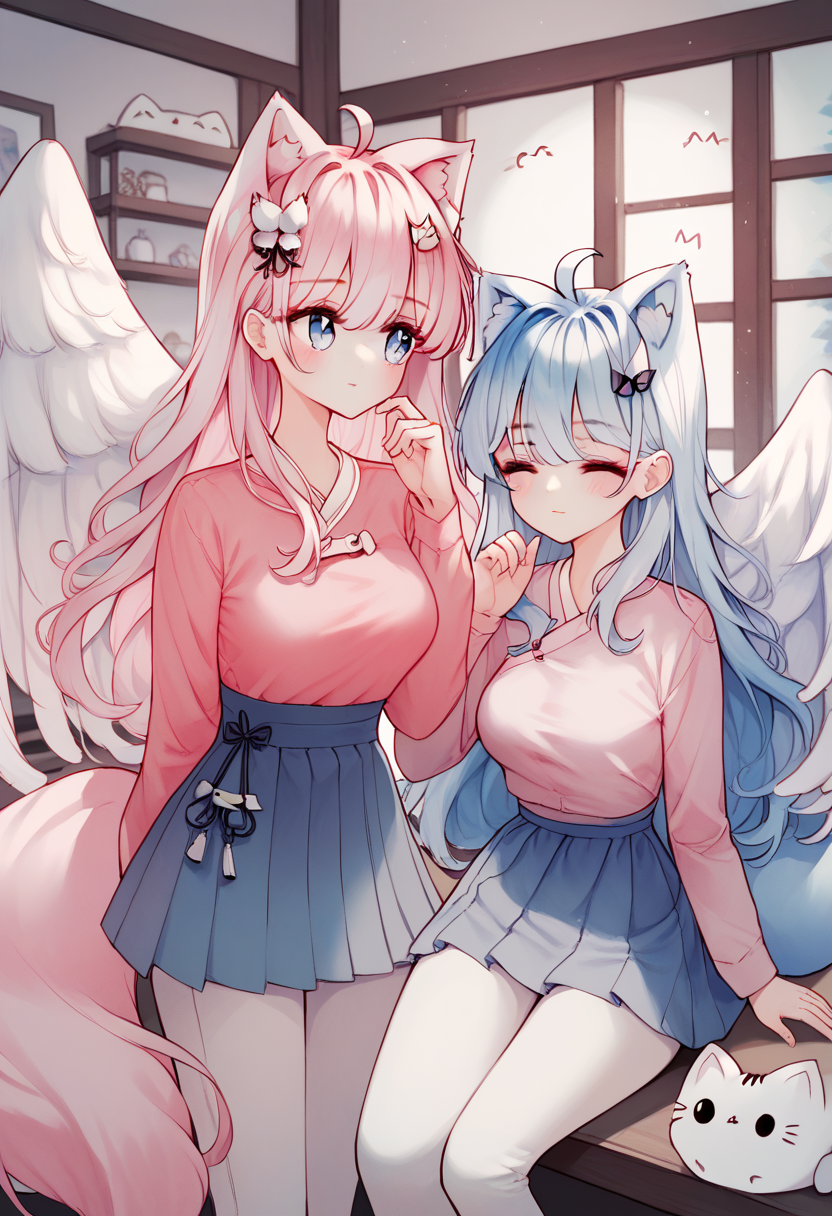 score_9, score_8_up, score_7_up, score_6_up, long hair, breasts, blush, smile, bangs, blue eyes, multiple girls, skirt, shirt, hair ornament, long sleeves, 2girls, animal ears, hair between eyes, medium breasts, very long hair, closed mouth, blue hair, tail, closed eyes, pink hair, ahoge, :d, pleated skirt, parted lips, wings, pants, indoors, hand up, blue skirt, animal ear fluff, grey eyes, animal, cat, feathered wings, grey skirt, pink shirt, white pants, white wings,
<lora:tando_v0.4-pony:1>