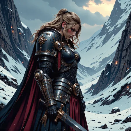 An atmospheric dark fantasy artwork depicts a powerful Viking warrior, a female figure clad in intricate Vikingpunk power armor armor, as she takes a moment of respite in a snowy mountain landscape. With her head bowed, her blonde hair cascades over her face, concealing her expression. She wields a mighty sword, its dark steel stained with the blood of her fallen foes, evident in the crimson snow around her. This classical-style painting captures a cinematic moment, showcasing the beauty and strength of a warrior amidst a harsh and unforgiving environment, leaving viewers captivated by her resilience and the untold stories of her journey. <lora:scifi/fluxVikingPunk_v1:0.4>, <lora:flux/FluxMythP0rtr4itStyle:0.8>, mythp0rt,<lora:scifi/FluxBlackT40k:0.8>, blackt40k,<lora:flux/Herbst_Photo_35mm v2>, herbstphoto,