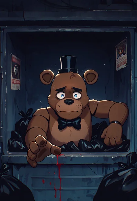 masterpiece, best quality, amazing quality, very aesthetic, absurdres, newest, detailed background,
cartoon, screencap,
freddyit, 1boy, black mini top hat, black bowtie, bear ears, joints, animatronic,
inside dumpster, reaching out, covered in blood, sad, closed mouth, frown, dark alleyway, missing posters, trash bags, garbage,