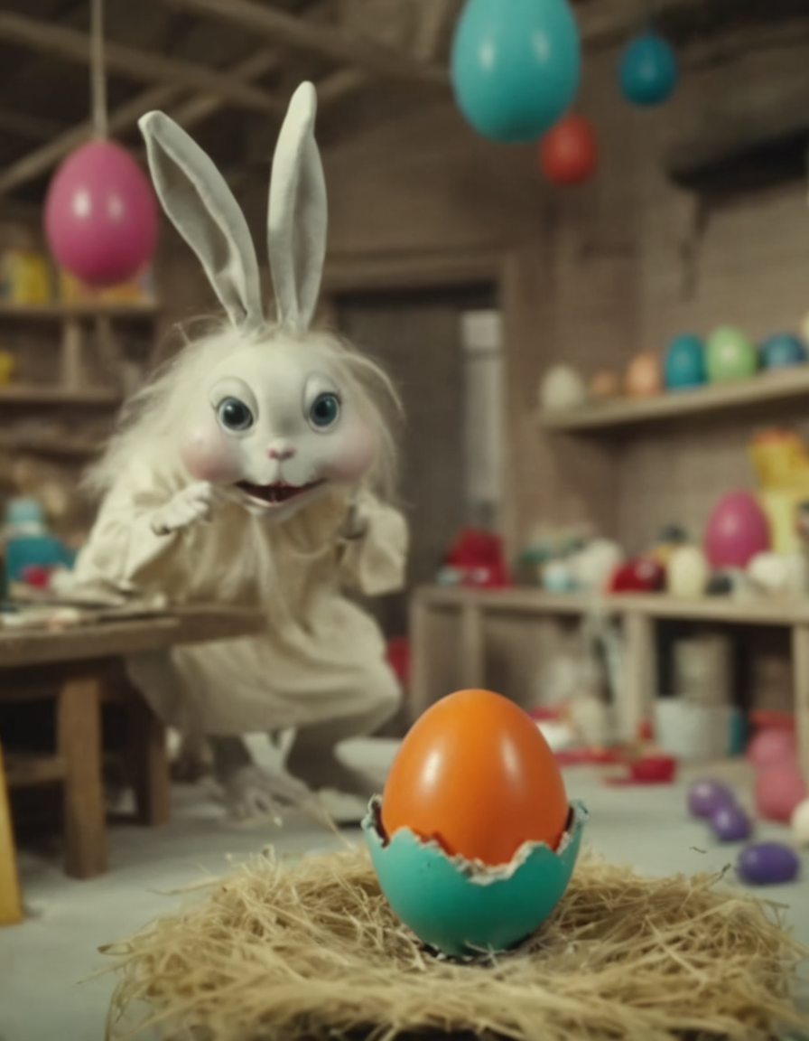 Masterpiece (wide angle shot) , scary Easterbunny crafting an incantation, (creating a little colorful magic egg in a nest:1.6), standing on an old carved table in a colorful factory laboratory. fantastic view. creepy and unsettling kids tv show  <lora:UNSTL_KIDS_TV_v2:1>
