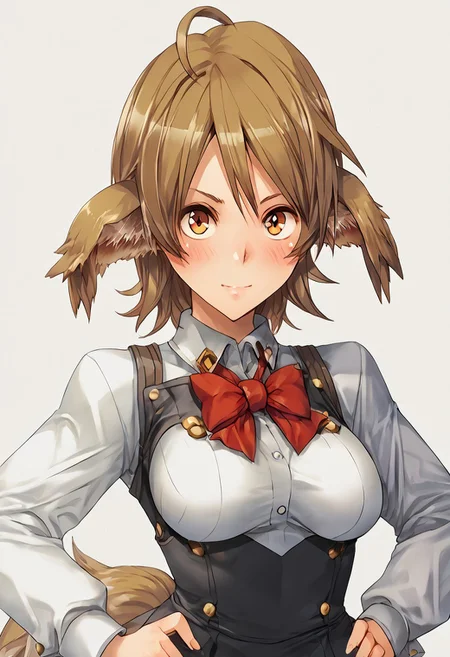 score_9, score_8_up, score_7_up, score_6_up, score_5_up, score_4_up, BREAK,  <lora:cmarket0826-sdxl-000028:1>, noa riads, 1girl, solo, breasts, blush, smile, short hair, simple background, brown hair, long sleeves, fluffy tail, ahoge, animal ears, dog ears, medium breasts,  swept bangs
shiny skin, school uniform, red bowtie, white shirt, black skirt, hands on hips, frown, blush, looking at viewer,
upper body, Eye focus
fr0nt1nn0c3ntStyl3, Style: Front Innocent,