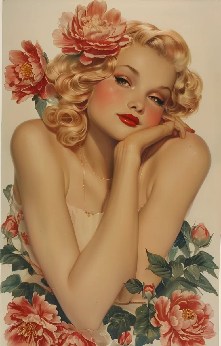 masterpiece,best quality,<lora:tbh208-sdxl:0.9>,illustration,style of Alberto Vargas decaying peonies