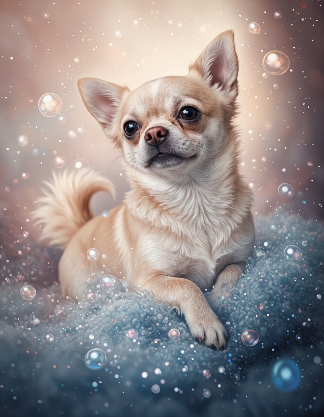 a chihuahua surrounded by an aura of bubbles
