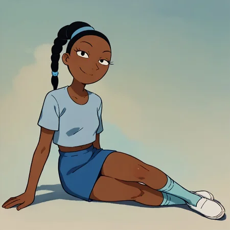 score_9, score_8_up, score_7_up BREAK ChloeHA, 1girl, black hair, black eyes, brown skin, braided ponytail, short-sleeved light blue shirt, midriff, short blue skirt, cyan socks, white shoes, closeup, female focus, smiling at viewer, closeup view, solo, solo focus, posing for viewer, close view,