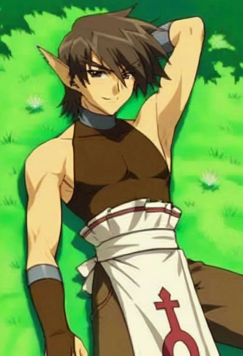 ((masterpiece)), ((best quality)), ((ultra-detailed)), score_9_up, score_8_up, score_7_up,
HD, top quality, best quality, High-quality illustrations, anime screencap, 1boy, 1male, solo male, male focus, anime boy, cute, kawaii, adorable, handsome, sexy, attractive, tall, tall body, lean body, fit lean body, ature, mature appearance, Oboro, long spiky brown hair, brown eyes, long pointy elf ears, brown sleeveless turtleneck, silver neck lining, brown arm gauntlets, brown pants, long white loincloth, on the ground with grass, laying on the ground, resting on the ground, grass, resting, hand behind head pose, happy, happy expression, smiling, top view, view from the top, bird's eye view, sunny, sunlight rays