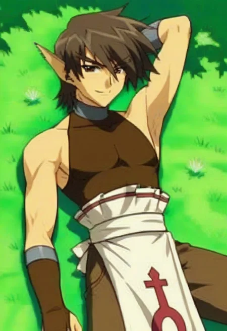 ((masterpiece)), ((best quality)), ((ultra-detailed)), score_9_up, score_8_up, score_7_up,
HD, top quality, best quality, High-quality illustrations, anime screencap, 1boy, 1male, solo male, male focus, anime boy, cute, kawaii, adorable, handsome, sexy, attractive, tall, tall body, lean body, fit lean body, ature, mature appearance, Oboro, long spiky brown hair, brown eyes, long pointy elf ears, brown sleeveless turtleneck, silver neck lining, brown arm gauntlets, brown pants, long white loincloth, on the ground with grass, laying on the ground, resting on the ground, grass, resting, hand behind head pose, happy, happy expression, smiling, top view, view from the top, bird's eye view, sunny, sunlight rays